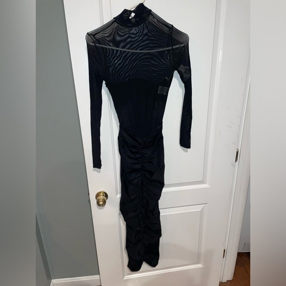 New! SER.O.YA Levina Sheer Ruched Midi Dress Mock Neck Long Sleeve 🖤 XS NWT! - Picture 11 of 14